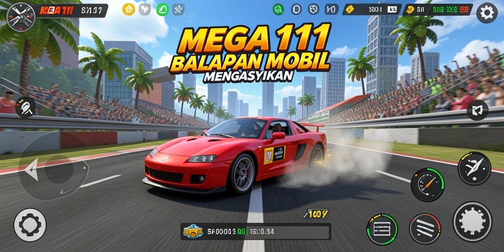 Screenshot gameplay MEGA111 menunjukkan balapan mobil yang seru dan penuh aksi.